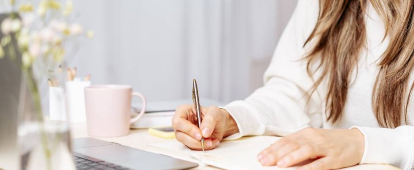 femme prenant des notes devant son ordinateur