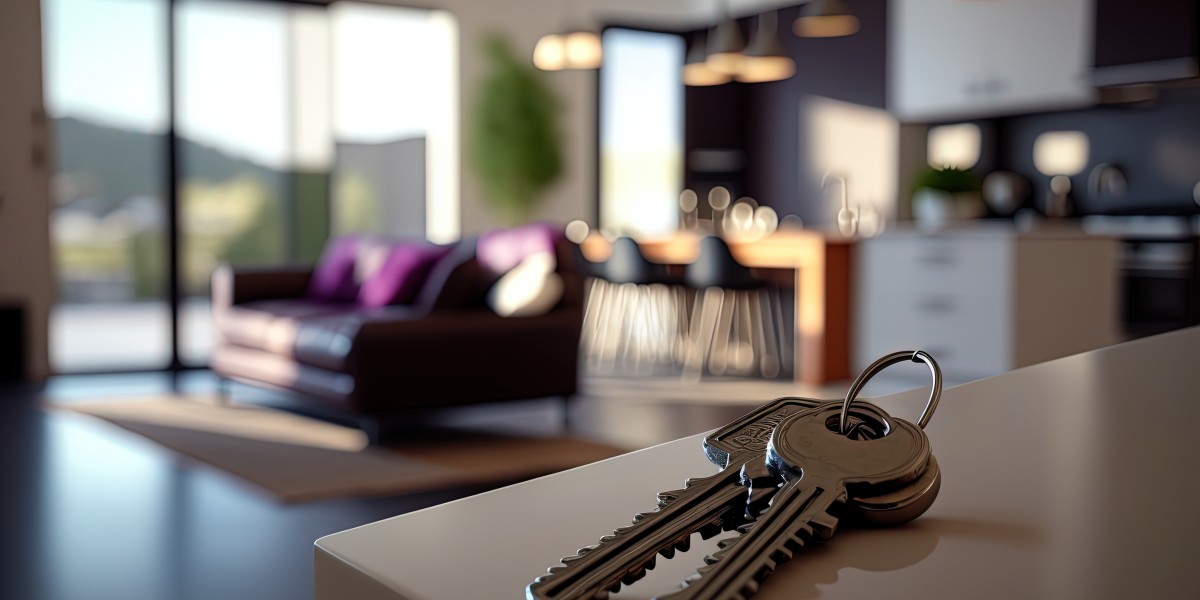 Clés de maison reposant sur un plan de travail net, symbolisant la propriété immobilière, avec un intérieur moderne et confortable flou en arrière-plan. Illustration du rachat de crédit propriétaire.