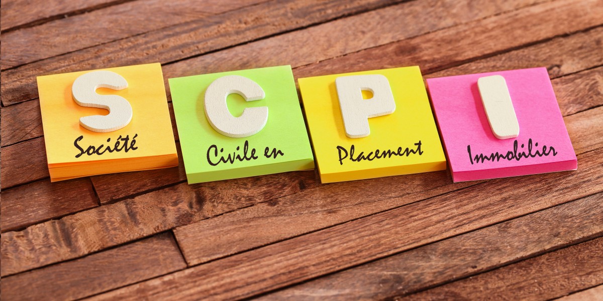 Quatre notes adhésives colorées détaillant l'acronyme SCPI : Société Civile de Placement Immobilier, sur un fond en bois.